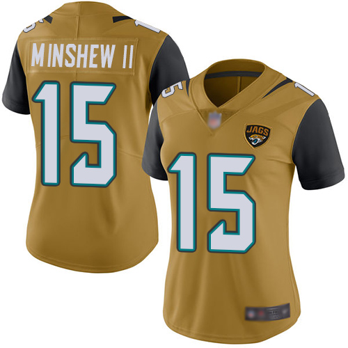 Nike Jacksonville Jaguars 15 Gardner Minshew II Gold Women Stitched NFL Limited Rush Jersey